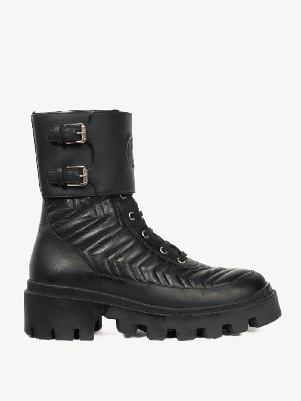 Gucci Frances Black GG Matelassé Platform Combat Boots